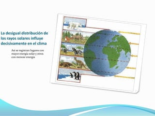 La desigual distribución de
los rayos solares influye
decisivamente en el clima
      Asi se registran lugares con
      mayor energía solar y otros
      con menosr energía
 