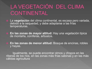  La vegetación del clima continental, es escasa pero variada,
debido a la sequedad, y debe adaptarse a las frías
temperaturas.
 En las zonas de mayor altitud: Hay una vegetación típica
de montaña, coníferas, arbustos.
 En las zonas de menor altitud: Bosque de encinas, robles
y hayas.
Igualmente, se puede encontrar olmos y chopos en las
riberas de los ríos, en las zonas más frías sabinas y en las más
cálidas agricultura
 