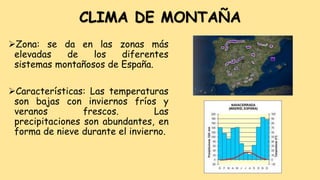 CLIMA DE MONTAÑA
Zona: se da en las zonas más
elevadas de los diferentes
sistemas montañosos de España.
Características: Las temperaturas
son bajas con inviernos fríos y
veranos frescos. Las
precipitaciones son abundantes, en
forma de nieve durante el invierno.
 