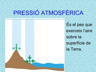 PRESSIÓ ATMOSFÈRICA 
És el pes que 
exerceix l’aire 
sobre la 
superfície de 
la Terra. 
 