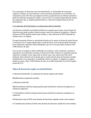 En un principio, las bacterias eran seres heterótrofos, se alimentaban de sustancias
orgánicas extrañas, de otras bacterias o de los nutrientes producidos en la atmósfera. La
competencia entre ellos hizo que algunas de ellas se especializasen en obtener nutrientes a
partir de moléculas inorgánicas simples, como el CO2 y la energía desprendida de enlaces
de compuestos que se rompían (quimiosíntesis), o bien de la energía luminosa del sol
(fotosíntesis).

4. La aparición de la fotosíntesis y su repercusion sobre la atmófera

Las bacterias autótrofas necesitaban también una sustancia que actuase como donante de
electrones para poder producir materia propia a partir de sustancias inorgánicas. Algunas
utilizaron el H2S, dejando azufre como residuo, y otras utilizaron el H2O, liberando un
residuo nuevo, el oxígeno.

En aquel momento el hierro se encontraba disuelto en los mares en forma de catión ferroso,
y reaccionó con el oxigeno dando lugar a óxido de hierro. Este óxido precipitó formando
unos sedimentos especiales (hierro bandeado), que nos sirven para datar el proceso hará
2.000 millones de años.

Una vez que el oxígeno se hubo combinado con el hierro y otras sustancias, comenzó a
acumularse en la atmósfera en forma en forma de O2 libre. Entonces la atmósfera pasó de
reductora a oxidante, en las capas altas se formó ozono, que actuó como filtro de la
radiación ultravioleta del sol, haciendo apto el medio terrestre para las bacterias aerobias
(rodobacterias). Las anaerobias, no pudiendo tolerar el oxígeno, se adaptaron a lugares
donde era escaso. Hace 2.000 millones de años ya se había alcanzado el nivel de oxígeno
actual del 21%.


Tipos de bacterias según su metabolismo

 Bacterias heterótrofas. (se alimentan de materia orgánica del medio)

Rodobacterias (respiración aerobia)

 Bacterias autótrofas.

Quimiosintéticas (utilizan energía química para transformar sustancias inorgánicas en
sustancias orgánicas)

 Fotosintéticas (utilizan energía luminosa para transformar sustancias inorgánicas en
orgánicas)

Tiobacterias (usan el H2S como donante de electrones, dejando azufre como residuo)

 Cianobacterias (utilizan el H2O como donante de electrones, dando O2 como residuo)
 