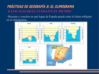 PRÁCTICAS DE GEOGRAFÍA 3: EL CLIMOGRAMA 
4) LLOOCCAALLIIZZAARR EELL CCLLIIMMAA EENN EELL MMUUNNDDOO 
- Razonar y concluir en qué lugar de España puede estar el clima reflejado 
en el climograma: 
 