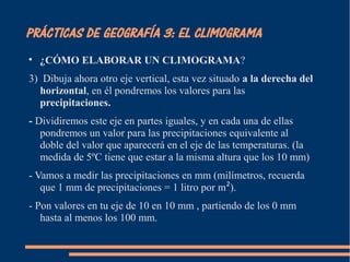 PRÁCTICAS DE GEOGRAFÍA 3: EL CLIMOGRAMA 
 ¿CÓMO ELABORAR UN CLIMOGRAMA? 
3) Dibuja ahora otro eje vertical, esta vez situado a la derecha del 
horizontal, en él pondremos los valores para las 
precipitaciones. 
- Dividiremos este eje en partes iguales, y en cada una de ellas 
pondremos un valor para las precipitaciones equivalente al 
doble del valor que aparecerá en el eje de las temperaturas. (la 
medida de 5ºC tiene que estar a la misma altura que los 10 mm) 
- Vamos a medir las precipitaciones en mm (milímetros, recuerda 
que 1 mm de precipitaciones = 1 litro por m²). 
- Pon valores en tu eje de 10 en 10 mm , partiendo de los 0 mm 
hasta al menos los 100 mm. 
 