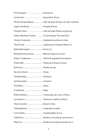 Peter Iacangelo……………………...Fucking Lou
Joon B. Kim…………………………Raymond K. Hessel
Thomas George Maguire....................Líder del grupo de apoyo de cáncer testicular.
Eugenie Bondurant………………….Weeping Woman.
Christina Cabot……………………...Líder del grupo Partners in positivity.
Sydney 'Big Dawg' Colston…………Vocal del grupo "Free and Clear".
Christie Cronenweth...........................Empleada de aerolínea en tierra.
Tim De Zarn........................................Inspector de la Federated Motor Co.
BirdEzraBuzzington .........................Técnico #2.
DierdreDowning Jackson...................Mujer de negocios en avión.
Robert J. Stephenson...........................Oficial de seguridad del aeropuerto.
Charlie Dell.........................................Portero de la Pearson Towers.
Rob Lanza...........................................Hombre de traje.
David Lee Smith…………………….Walter.
Holt McCallany……………………...Mecánico.
Joel Bissonnette…...............................Camarero
Eion Bailey…………………………..Ricky.
EvanMirand........................................Steph.
Robby Robinson..................................Contrincante que vence a Norton.
Lou Beatty Jr.......................................Policía en el edificio de Marla.
Thom GossomJr…………………….Detective Stern.
ValerieBickford..................................Compradora de jabón.
Carl Ciarfalio.......................................Guardaespaldas de Lou.
Todd Pierce.........................................Hombre en la tienda de automoviles 1.
Mark Fite............................................Hombre en la tienda de automóviles 2.

5

 