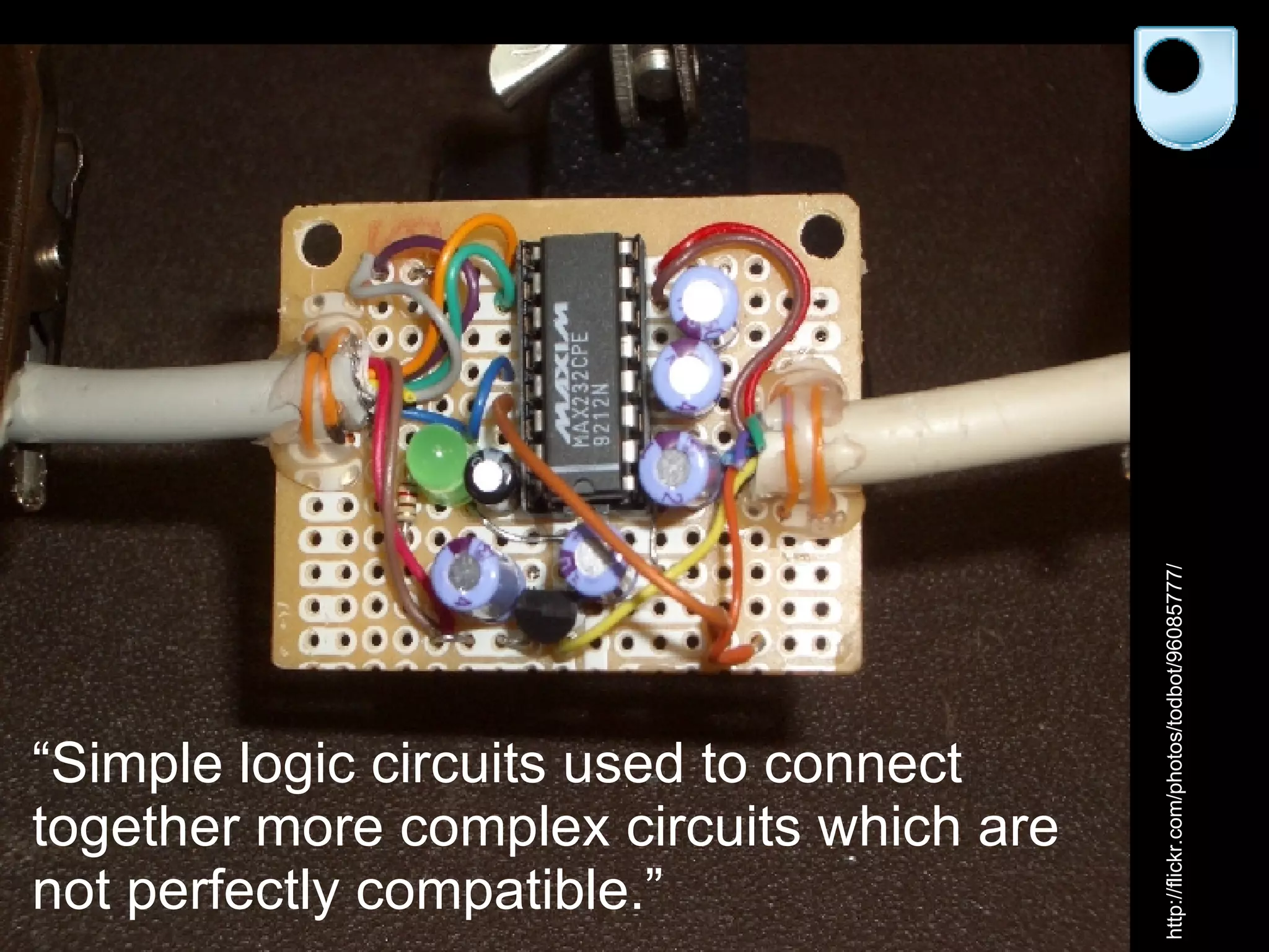 http://flickr.com/photos/todbot/96085777/ “ Simple logic circuits used to connect together more complex circuits which are not perfectly compatible.” 