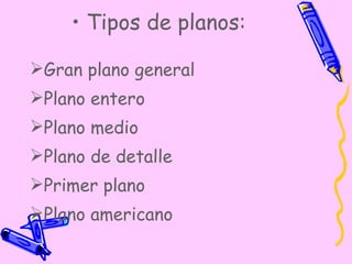 Tipos de planos: Gran plano general Plano entero Plano medio Plano de detalle Primer plano Plano americano 