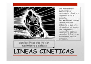 LINEAS CINÉTICAS
• Las horizontales
suelen indicar
movimiento rápido a la
izquierda a o a la
derecha.
• Las verticales pueden
usarse para dar
énfasis a lo que está
diciendo un personaje
• Las diagonales,
igualmente, podrían
describir énfasis o un
movimiento en esta
dirección.
Son las líneas que indican
movimiento o énfasis