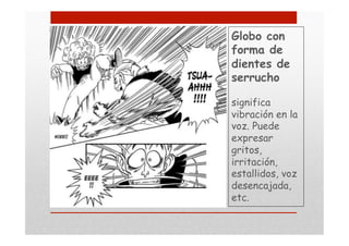 Globo con
forma de
dientes de
serrucho
significa
vibración en la
voz. Puede
expresar
gritos,
irritación,
estallidos, voz
desencajada,
etc.