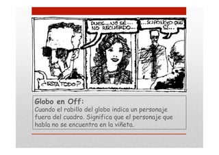 Globo en Off:
Cuando el rabillo del globo indica un personaje
fuera del cuadro. Significa que el personaje que
habla no se encuentra en la viñeta.