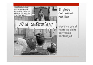El globo
con varios
rabillos
significa que el
texto es dicho
por varios
personajes .