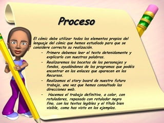 Proceso
El cómic debe utilizar todos los elementos propios del
lenguaje del cómic que hemos estudiado para que se
considere correcta su realización.
     – Primero debemos leer el texto detenidamente y
        explicarlo con nuestras palabras.
     – Realizaremos los bocetos de los personajes y
        fondos, ayudándonos de los programas que podéis
        encontrar en los enlaces que aparecen en los
        Recursos.
     – Realizamos el story board de nuestro futuro
        trabajo, una vez que hemos consultado las
        direcciones web.
     – Hacemos el trabajo definitivo, a color, con
        rotuladores, repasado con rotulador negro
        fino, con los textos legibles y el título bien
        visible, como has visto en los ejemplos.
 