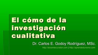 El cómo de laEl cómo de la
investigacióninvestigación
cualitativacualitativa
Dr. Carlos E. Godoy Rodríguez, MSc.Dr. Carlos E. Godoy Rodríguez, MSc.
http://docentecurador.comhttp://docentecurador.com || http://aprendedurismo.comhttp://aprendedurismo.com
 