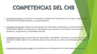 Competencias Marco: constituyen los grandes propósitos de la educación y las metas a lograr en la
formación de los guatemaltecos y las guatemaltecas.
 Competencias de Eje: señalan los aprendizajes de contenidos conceptuales, procedimentales y
actitudinales ligados a realizaciones y desempeños que articulan el curriculum con los grandes
problemas, expectativas y necesidades sociales.
 Competencias de Área: comprenden las capacidades, habilidades, destrezas y actitudes que las y los
estudiantes deben lograr en las distintas áreas de las ciencias, las artes y la tecnología al finalizar el
nivel.
 Competencias de Grado o etapa: son realizaciones o desempeños en el diario quehacer del aula.
 
