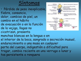 Síntomas
• Pérdida de peso inexplicable,
fiebre, cansancio,
dolor, cambios de piel, un
cambio en el hábito
de evacuación o en la función
de la vejiga, llagas no
cicatrizan, presenta
manchas blancas en la lengua o en
el interior de la boca, sangrado o secreción inusual,
endurecimiento o una masa en cualquier
parte del cuerpo, indigestión o dificultad para
tragar, cambio reciente en una verruga o lunar y
tos persistente o ronquera
 