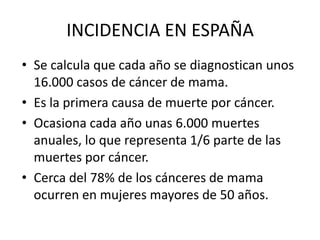 INCIDENCIA EN ESPAÑA
• Se calcula que cada año se diagnostican unos
  16.000 casos de cáncer de mama.
• Es la primera causa de muerte por cáncer.
• Ocasiona cada año unas 6.000 muertes
  anuales, lo que representa 1/6 parte de las
  muertes por cáncer.
• Cerca del 78% de los cánceres de mama
  ocurren en mujeres mayores de 50 años.
 