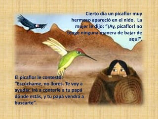 Cierto día un picaflor muy
hermoso apareció en el nido. La
mujer le dijo: “¡Ay, picaflor! no
tengo ninguna manera de bajar de
aquí”.
El picaflor le contestó:
“Escúchame, no llores. Te voy a
ayudar. Iré a contarle a tu papá
dónde estás, y tu papá vendrá a
buscarte”.
 