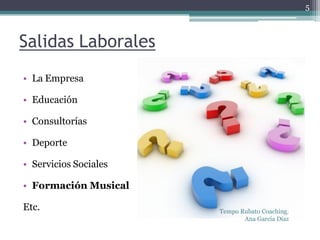 5



Salidas Laborales
• La Empresa

• Educación

• Consultorías

• Deporte

• Servicios Sociales

• Formación Musical

Etc.                   Tempo Rubato Coaching.
                              Ana García Díaz
 