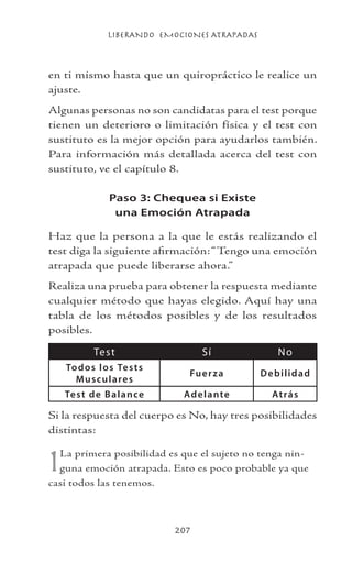 LIBERANDO EMOCIONES ATRAPADAS
207
en ti mismo hasta que un quiropráctico le realice un
ajuste.
Algunas personas no son candidatas para el test porque
tienen un deterioro o limitación física y el test con
sustituto es la mejor opción para ayudarlos también.
Para información más detallada acerca del test con
sustituto, ve el capítulo 8.
Paso 3: Chequea si Existe
una Emoción Atrapada
Haz que la persona a la que le estás realizando el
test diga la siguiente afirmación:“Tengo una emoción
atrapada que puede liberarse ahora.”
Realiza una prueba para obtener la respuesta mediante
cualquier método que hayas elegido. Aquí hay una
tabla de los métodos posibles y de los resultados
posibles.
Test Sí No
Todos los Tests
Musculares
Fuerza Debilidad
Test de Balance Adelante Atrás
Si la respuesta del cuerpo es No, hay tres posibilidades
distintas:
1La primera posibilidad es que el sujeto no tenga nin-
guna emoción atrapada. Esto es poco probable ya que
casi todos las tenemos.
 