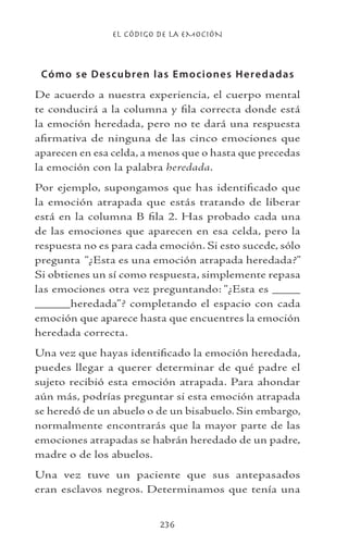 EL CÓDIGO DE LA EMOCIÓN
236
Cómo se Descubren las Emociones Heredadas
De acuerdo a nuestra experiencia, el cuerpo mental
te conducirá a la columna y fila correcta donde está
la emoción heredada, pero no te dará una respuesta
afirmativa de ninguna de las cinco emociones que
aparecen en esa celda, a menos que o hasta que precedas
la emoción con la palabra heredada.
Por ejemplo, supongamos que has identificado que
la emoción atrapada que estás tratando de liberar
está en la columna B fila 2. Has probado cada una
de las emociones que aparecen en esa celda, pero la
respuesta no es para cada emoción. Si esto sucede, sólo
pregunta “¿Esta es una emoción atrapada heredada?”
Si obtienes un sí como respuesta, simplemente repasa
las emociones otra vez preguntando: “¿Esta es ____
_____heredada”? completando el espacio con cada
emoción que aparece hasta que encuentres la emoción
heredada correcta.
Una vez que hayas identificado la emoción heredada,
puedes llegar a querer determinar de qué padre el
sujeto recibió esta emoción atrapada. Para ahondar
aún más, podrías preguntar si esta emoción atrapada
se heredó de un abuelo o de un bisabuelo. Sin embargo,
normalmente encontrarás que la mayor parte de las
emociones atrapadas se habrán heredado de un padre,
madre o de los abuelos.
Una vez tuve un paciente que sus antepasados
eran esclavos negros. Determinamos que tenía una
 