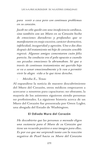 LOS MUROS ALREDEDOR DE NUESTROS CORAZONES
279
para venir a casa pero con continuos problemas
en su corazón.
Jacob no sólo quedó con una insuficiencia cardíaca,
sino también con un Muro en su Corazón hecho
de emociones duraderas y profundas que se
manifestaron en enojo excesivo, carácter destructivo,
infelicidad, inseguridad y agresión. Uno o dos días
después del tratamiento mi hijo de corazón sensible
regresó. Algunos amigos comentaron cuán feliz
parecía. Su conducta era el polo opuesto a cuando
sus pesadas emociones lo abrumaban. Sé que a
través de continuos tratamientos mi querido hijo
se va a sanar emocionalmente y le van a permitir
vivir la alegre vida a la que tiene derecho.
-	 Meisha E., Texas
Al expandirse la noticia de nuestro descubrimiento
del Muro del Corazón, otros médicos empezaron a
acercarse a nosotros para capacitarse; no obstante, la
mayoría de los asistentes siguieron siendo personas
no profesionales. La siguiente historia acerca de un
Muro del Corazón fue presentada por Gwen Legler,
una abogada del Estado de Washington.
El Odiado Muro del Corazón
He descubierto que las personas a menudo eligen
una sustancia para el Muro de su Corazón que
tiene un recuerdo positivo o una imagen para ellas.
Es por eso que me sorprendí tanto con la reacción
negativa de Pearl hacia su Muro del Corazón
 