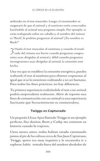EL CÓDIGO DE LA EMOCIÓN
340
utilizado en el test muscular. Luego, el examinador se
asegurará de que el animal y el sustituto estén conectados
haciéndole al animal una pregunta simple. Por ejemplo, si
estás trabajando sobre un caballo y el nombre del mismo
es “Buck”, le podrías preguntar al animal “¿Tu nombre es
Buck?”
3Hazle el test muscular al sustituto, y cuando el resul-
tado del mismo sea fuerte cuando preguntas congru-
entes sean dirigidas al animal y débil cuando preguntas
incongruentes sean dirigidas al animal, la conexión está
hecha.
Una vez que se establece la conexión energética, puedes
realizarle el test al sustituto para obtener respuestas al
igual que si se lo estuvieses realizando a un ser humano.
Para todos los fines prácticos, no hay diferencia.
Tu primera experiencia realizándole el test a un animal
podría sorprenderte realmente. Abrir de repente una
línea de comunicación con un animal es una experiencia
fascinante que frecuentemente es conmovedora.
Twiggs es Capturado
Un pequeño Lhasa Apso llamado Twiggs es un ejemplo
perfecto. Sus dueños, Brett y Cathy, me contaron su
historia cuando lo trajeron.
Unos meses antes, todos habían estado caminando
juntos al pie de las colinas cerca de San Juan Capistrano.
Twiggs, quien era muy inquieto y le encantaba ir a
explorar, había trotado fuera del sendero alrededor de
 