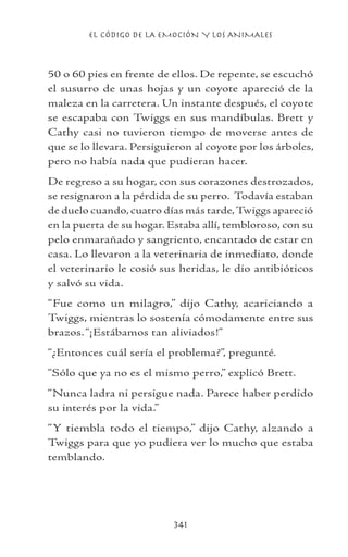 EL CÓDIGO DE LA EMOCIÓN Y LOS ANIMALES
341
50 o 60 pies en frente de ellos. De repente, se escuchó
el susurro de unas hojas y un coyote apareció de la
maleza en la carretera. Un instante después, el coyote
se escapaba con Twiggs en sus mandíbulas. Brett y
Cathy casi no tuvieron tiempo de moverse antes de
que se lo llevara. Persiguieron al coyote por los árboles,
pero no había nada que pudieran hacer.
De regreso a su hogar, con sus corazones destrozados,
se resignaron a la pérdida de su perro. Todavía estaban
de duelo cuando, cuatro días más tarde,Twiggs apareció
en la puerta de su hogar. Estaba allí, tembloroso, con su
pelo enmarañado y sangriento, encantado de estar en
casa. Lo llevaron a la veterinaria de inmediato, donde
el veterinario le cosió sus heridas, le dio antibióticos
y salvó su vida.
“Fue como un milagro,” dijo Cathy, acariciando a
Twiggs, mientras lo sostenía cómodamente entre sus
brazos.“¡Estábamos tan aliviados!”
“¿Entonces cuál sería el problema?”, pregunté.
“Sólo que ya no es el mismo perro,” explicó Brett.
“Nunca ladra ni persigue nada. Parece haber perdido
su interés por la vida.”
“Y tiembla todo el tiempo,” dijo Cathy, alzando a
Twiggs para que yo pudiera ver lo mucho que estaba
temblando.
 