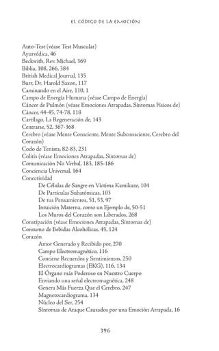 EL CÓDIGO DE LA EMOCIÓN
396
Auto-Test (véase Test Muscular)
Ayurvédica, 46
Beckwith, Rev. Michael, 369
Biblia, 108, 266, 384
British Medical Journal, 135
Burr, Dr. Harold Saxon, 117
Caminando en el Aire, 110, 1
Campo de Energía Humana (véase Campo de Energía)
Cáncer de Pulmón (véase Emociones Atrapadas, Síntomas Físicos de)
Cáncer, 44-45, 74-78, 118
Cartílago, La Regeneración de, 143
Centrarse, 52, 367-368
Cerebro (véase Mente Consciente, Mente Subconsciente, Cerebro del
Corazón)
Codo de Tenista, 82-83, 231
Colitis (véase Emociones Atrapadas, Síntomas de)
Comunicación No Verbal, 183, 185-186
Conciencia Universal, 164
Conectividad
	 De Células de Sangre en Víctima Kamikaze, 104
	 De Partículas Subatómicas, 103
	 De tus Pensamientos, 51, 53, 97
	 Intuición Materna, como un Ejemplo de, 50-51
	 Los Muros del Corazón son Liberados, 268
Constipación (véase Emociones Atrapadas, Síntomas de)
Consumo de Bebidas Alcohólicas, 45, 124
Corazón
	 Amor Generado y Recibido por, 270
	 Campo Electromagnético, 116
	 Contiene Recuerdos y Sentimientos, 250
	 Electrocardiogramas (EKG), 116, 134
	 El Órgano más Poderoso en Nuestro Cuerpo
	 Enviando una señal electromagnética, 248
	 Genera Más Fuerza Que el Cerebro, 247
	 Magnetocardiograma, 134
	 Núcleo del Ser, 254
	 Síntomas de Ataque Causados por una Emoción Atrapada, 16
 