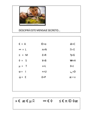 DESCIFRÁ ESTE MENSAJE SECRETO…
€ = A ©=o ǣ=C
∞ = L π=N ʭ= E
≤ = M £=R ϡ=G
◊ = S ¥=B ₩=H
µ = T »=L ◊=J
ⱷ = I ×=U ꜡=D
ῲ = E ...