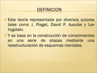 Esta teoría representada por diversos autores tales como J. Piaget, David P. Ausube y Lev Vygotski. Y se basa en la construcción de conocimientos en una serie de etapas mediante una reestructuración de esquemas mentales. 