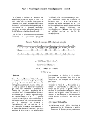 Figura 1.- Tendencia polinòmica de la densidad poblacional – parcela 2
De acuerdo al análisis de presencia del
Spodoptera frugiperda, según la tabla 2, el
valor crítico 3,026 larvas cada diez plantas, se
encuentra en la tercera semana de la fenología
del cultivo. Igualmente se declara el estado de
emergencia de la densidad poblacional
larvaria en la semana seis, con el valor crítico
de 6,008 larvas cada diez planta de maíz.
Con relación al modelamiento del muestreo
secuencial de Spodoptera frugiperda
“cogollero” en el cultivo de Zea mays “maìz”
para determinar límites de confianza, se
encuentra que, en la tercera semana la
cantidad de larvas esperadas es de 78,6;
declarada la emergencia en la semana quinta y
sexta, los valores esperados son
aproximadamente 104 larvas. Este modelo es
de utilidad agrícola en funciòn del
agroecosistema.
Tabla 2.- Análisis de presencia del Spodoptera frugiperda
Y= -4.0152(x)2+45.3(x) - 20.867
Inicio período crítico (x) =3
Y= -4.0152 (3)2+45.3 (3) - 20.867
Y=78,6 larvas
Discusión
Según Alonso y Martínez (1990), indican que
el modelo exponencial de Taylor dio un mejor
ajuste que la ecuación lineal de Iwao, sin
embargo no determinaron el punto crítico para
la toma de decisión en el muestreo secuencial,
que sirva para determinar la estrategia de
control del Spodoptera frugiperda en el
cultivo de maíz. Nuestro modelo secuencial
determinado por la formula representada por
Y=-4.052(x)2+45.3(x)-20.867, permite
calcular la población de larvas que se tiene en
un campo de maíz, de acuerdo a la semana en
que se muestrea; de acuerdo al
comportamiento de los insectos en un
agroecosistema, el modelo no es exponencial
ni lineal, sino polinòmica, lo cual explica, los
ascensos y descensos en las fluctuaciones
poblacionales, de acuerdo a la densidad
población del desarrollo del insecto en
función a su ciclo biológico y a la fenología
del cultivo.
Tomando el valor de x, de acuerdo a la
semana y determinada la población, los
rangos en los cuales se puede tomar la
decisión de definir una estrategia de control,
indicada por el punto crítico de acuerdo al
modelo, se encuentra en la tercera semana,
cuando x toma un valor de 3,026 larvas por
planta.
Referencias bibliográficas
Troyo-Diéguez, et al. (2006). Planeación y
Organización del Muestreo y Manejo
Integrado de Plagas en Agroecosistemas
 