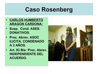 Caso Rosenberg
• CARLOS HUMBERTO
ARAGON CARDONA:
• Susp. Cond. ASES.
DONATIVOS.
• Proc. Abrev. ASOC
ILICITA. CONDENADO
A 2 AÑOS.
• Art. 93 Bis: Proc. Abrev.
INDEPENDIENTE DEL
ACUERDO.
 