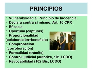PRINCIPIOS
• Vulnerabilidad al Principio de Inocencia
• Declara contra si mismo. Art. 16 CPR
• Eficacia
• Oportuna (capturas)
• Proporcionalidad
(colaboración=beneficio)
• Comprobación
(corroboración)
• Formalidad (trámite)
• Control Judicial (autoriza, 101 LCDO)
• Revocabilidad (102 Bis, LCDO)
 