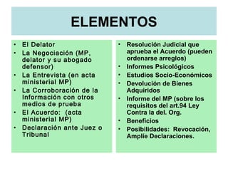 ELEMENTOS
• El Delator
• La Negociación (MP,
delator y su abogado
defensor)
• La Entrevista (en acta
ministerial MP)
• La Corroboración de la
Información con otros
medios de prueba
• El Acuerdo: (acta
ministerial MP)
• Declaración ante Juez o
Tribunal
• Resolución Judicial que
aprueba el Acuerdo (pueden
ordenarse arreglos)
• Informes Psicológicos
• Estudios Socio-Económicos
• Devolución de Bienes
Adquiridos
• Informe del MP (sobre los
requísitos del art.94 Ley
Contra la del. Org.
• Beneficios
• Posibilidades: Revocación,
Amplíe Declaraciones.
 