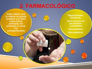 2. FARMACOLÓGICO 
Cabe indicar que 
la misma no puede 
sustituir a la dieta 
como factor 
principal, sin 
embargo si como 
vía 
complementaria 
Denominadas: 
Estatinas, 
entre las que se 
encuentran: 
Lovastatina 
Simvastatina 
Atorvastatina. 
 