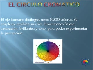 El ojo humano distingue unos 10.000 colores. Se emplean, también sus tres dimensiones físicas: saturación, brillantez y tono, para poder experimentar la percepción. 