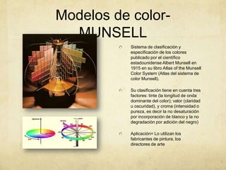 Modelos de color-MUNSELLSistema de clasificación y especificación de los colores publicado por el científico estadounidense Albert Munsell en 1915 en su libro Atlas of theMunsell Color System (Atlas del sistema de color Munsell).Su clasificación tiene en cuenta tres factores: tinte (la longitud de onda dominante del color); valor (claridad u oscuridad), y croma (intensidad o pureza, es decir la no desaturación por incorporación de blanco y la no degradación por adición del negro)Aplicación= Lo utilizan los fabricantes de pintura, los directores de arte