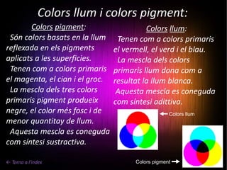 Colors llum i colors pigment: Colors   llum : Tenen com a colors primaris el vermell, el verd i el blau.  La mescla dels colors primaris llum dona com a resultat la llum blanca. Aquesta mescla es coneguda com síntesi adittiva. Colors llum Colors pigment Colors   pigment : Són colors basats en la llum reflexada en els pigments aplicats a les superficies. Tenen com a colors primaris el magenta, el cian i el groc. La mescla dels tres colors primaris pigment produeix  negre, el color més fosc i de menor quantitay de llum.  Aquesta mescla es coneguda com síntesi sustractiva. ← Torna a l'index 