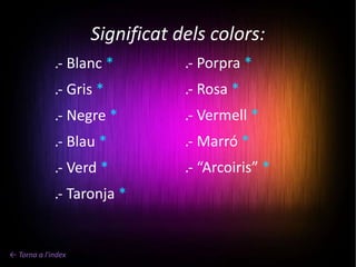 Significat dels colors: .- Blanc  * .- Gris  * .- Negre  * .- Blau  * .- Verd  * .- Taronja  * .- Porpra  * .- Rosa  * .- Vermell  * .- Marró  * .- “Arcoiris”  * ← Torna a l'index 