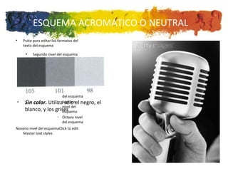 Sin color.  Utiliza sólo el negro, el blanco, y los grises ESQUEMA ACROMATICO O NEUTRAL 
