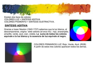 Existen dos tipos de colores: COLORES LUZ = SINTESIS ADITIVA COLORES PIGMENTO = SINTESIS SUSTRACTIVA. Gracias a Isaac Newton (1642-1727) sabemos que la luz blanca, al descomponerse, origina  siete colores (el arco iris) : rojo, anaranjado, amarillo, verde, azul, cian, violeta.  La  suma de todos los colores equivale a la luz blanca y la ausencia de luz equivale al negro. COLORES PRIMARIOS LUZ: Rojo, Verde, Azul. (RGB) A partir de estos tres colores aparecen todos los demas. SINTESIS ADITIVA 