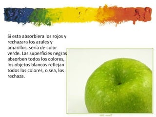 Si esta absorbiera los rojos y rechazara los azules y amarillos, sería de color verde. Las superficies negras absorben todos los colores, los objetos blancos reflejan todos los colores, o sea, los rechaza. 