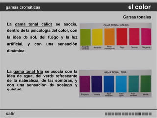 gamas cromáticas                            el color
                                          Gamas tonales
La gama tonal cálida se asocia,
dentro de la psicología del color, con
la idea de sol, del fuego y la luz
artificial,   y   con   una   sensación
dinámica.




La gama tonal fría se asocia con la
idea de agua, del verde refrescante
de la naturaleza, de las sombras, y
con una sensación de sosiego y
quietud.




salir
 