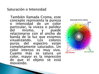 Saturación o Intensidad

 También llamada Croma, este
 concepto representa la pureza
 o intensidad de un color
 particular, la viveza o palidez
 del     mismo,      y    puede
 relacionarse con el ancho de
 banda de la luz que estamos
 visualizando.     Los   colores
 puros del espectro están
 completamente saturados. Un
 color intenso es muy vivo.
 Cuanto más se satura un
 color, mayor es la impresión
 de que el objeto se está
 moviendo.
 