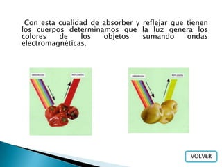 Con esta cualidad de absorber y reflejar que tienen
los cuerpos determinamos que la luz genera los
colores   de    los   objetos    sumando      ondas
electromagnéticas.




                                               VOLVER
 