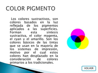 Los colores sustractivos, son
colores basados en la luz
reflejada de los pigmentos
aplicados a las superficies.
Forman        esta       síntesis
sustractiva, el color magenta,
el cyan y el amarillo. Son los
colores básicos de las tintas
que se usan en la mayoría de
los sistemas de impresión,
motivo por el cual estos
colores han desplazado en la
consideración      de    colores
primarios a los tradicionales.
                                    VOLVER
 