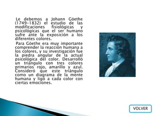 Le debemos a Johann Göethe
(1749-1832) el estudio de las
modificaciones      fisiológicas  y
psicológicas que el ser humano
sufre ante la exposición a los
diferentes colores.
 Para Göethe era muy importante
comprender la reacción humana a
los colores, y su investigación fue
la piedra angular de la actual
psicológica del color. Desarrolló
un triángulo con tres colores
primarios rojo, amarillo y azul.
Consideró que este triángulo
como un diagrama de la mente
humana y ligó a cada color con
ciertas emociones.




                                      VOLVER
 