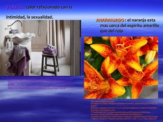VIOLETA : color relacionado con la

      intimidad, la sexualidad.
                                                                                                          ANARANJADO : el naranja esta
                                                                                                           mas cerca del espíritu amarillo
                                                                                                           que del rojo




http://www.google.es/imgres?num=10&hl=es&biw=1024&bih=663&tbm=isch&tbnid=qw0L-
         twoJQ9Y0M:&imgrefurl=http://mueblesydecoraciondeinteriores.blogspot.com/2011/10/complem
         entos-de-color-violeta-en-el.html&docid=cHVrx40r2S9OtM&imgurl=http://2.bp.blogspot.com/--
         3cIBHl2PIw/TpoCncWbw3I/AAAAAAAACdM/imcZ9xXHqzk/s1600/violeta%252Ben%252Bel
         %252Bba
         %252525C3%252525B1o.jpg&w=580&h=400&ei=vcOaUOajGsXIhAer9oHQCQ&zoom=1&iact=
         hc&vpx=296&vpy=151&dur=4681&hovh=186&hovw=270&tx=144&ty=95&sig=11506908346930
         7070021&page=1&tbnh=134&tbnw=199&start=0&ndsp=12&ved=1t:429,r:1,s:0,i:72




                                                                                                     http://www.google.es/imgres?
                                                                                                     hl=es&biw=1024&bih=663&tbm=isch&tbnid=EhveAtV_ENkIvM:&imgrefurl=http://im
                                                                                                     agenes-
                                                                                                     gratislibres.blogspot.com/2012_10_01_archive.html&docid=1EL9NuVj7T4gKM&im
                                                                                                     gurl=http://2.bp.blogspot.com/-
                                                                                                     YTNnM6lGpjE/UIAT_4QdfwI/AAAAAAAAEzg/vQFBEy8IzuM/s1600/flores-
                                                                                                     hemosas-naranja-gratis-libre.jpg&w=640&h=427&ei=BMWaUL2-
                                                                                                     CcyXhQfnrIDIDQ&zoom=1&iact=rc&dur=164&sig=115069083469307070021&page
                                                                                                     =1&tbnh=130&tbnw=182&start=0&ndsp=20&ved=1t:429,r:1,s:0,i:70&tx=65&ty=63
 