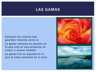 LAS GAMAS

Conjunto de colores que
guardan relación entre sí.
La gama caliente es aquella en
la que está el rojo presente en
mayor o menor medida.
La gama fría es aquella en la
que el color presente es el azul.

 