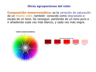 Otras agrupaciones del color
Composición monocromática: es la variación de saturación
de un mismo color, también conocido como degradado o
escala de un tono. Se consigue: partiendo de un tono puro e
ir añadiendo cada vez más blanco, y cada vez más negro.
 