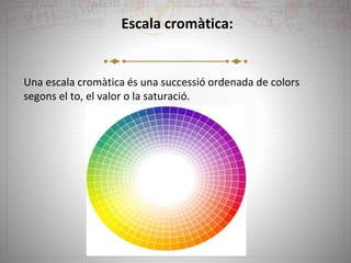 Escala cromàtica:
Una escala cromàtica és una successió ordenada de colors
segons el to, el valor o la saturació.
 